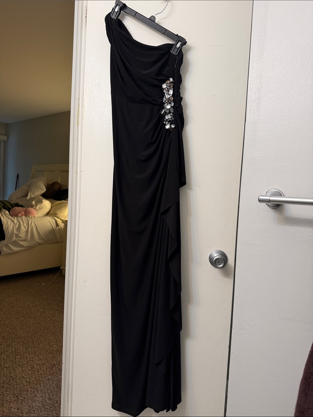 Blondie Nites Black One-Shoulder Evening Gown with Crystal Accent